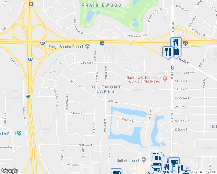 map of restaurants, bars, coffee shops, grocery stores, and more near 2520 32nd Street South in Fargo