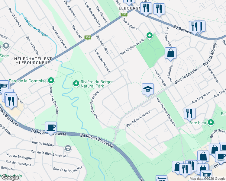 map of restaurants, bars, coffee shops, grocery stores, and more near 1688 Rue Guillaume-Renaud in Québec
