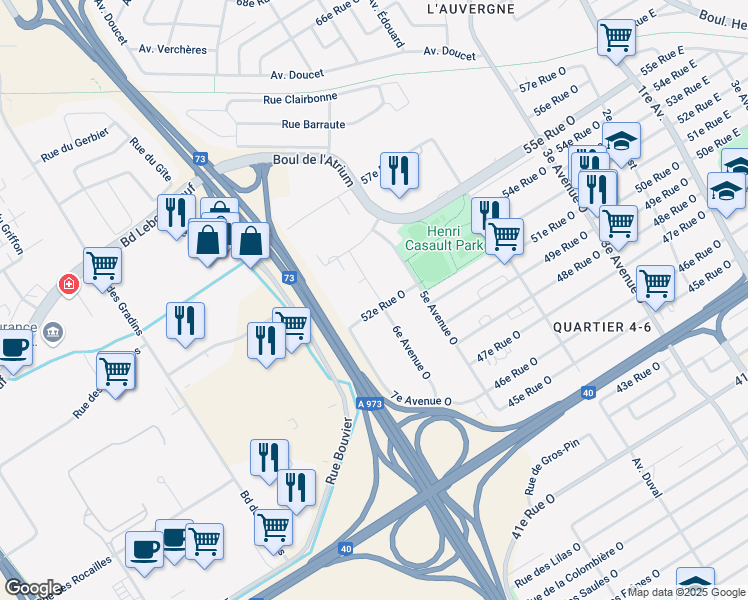 map of restaurants, bars, coffee shops, grocery stores, and more near 605 52e Rue Ouest in Ville de Québec