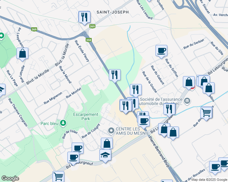 map of restaurants, bars, coffee shops, grocery stores, and more near 6921 Boulevard Pierre-Bertrand in Québec