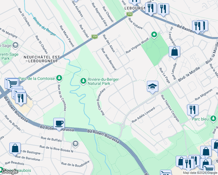 map of restaurants, bars, coffee shops, grocery stores, and more near 1679 Rue Claire-Bonenfant in Québec