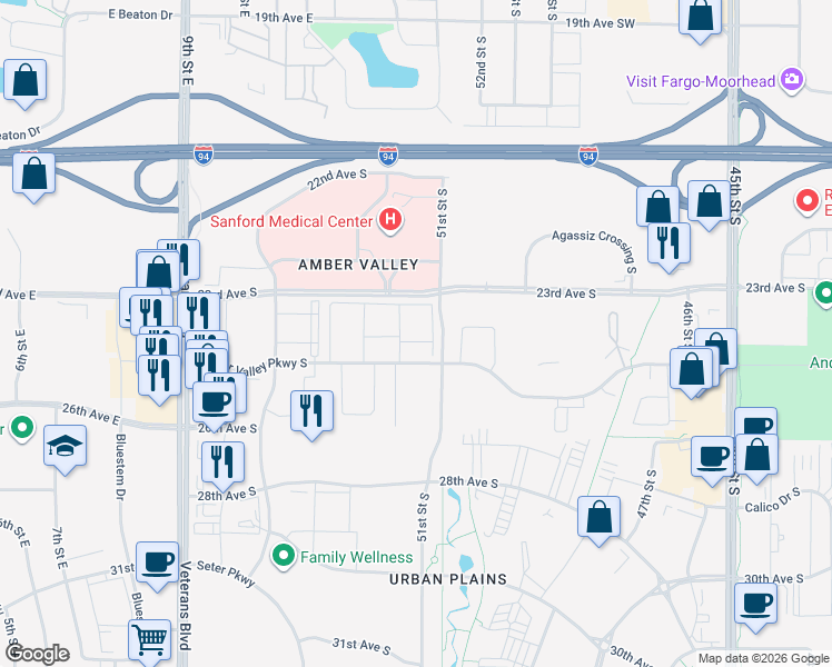 map of restaurants, bars, coffee shops, grocery stores, and more near 5131 Amber Valley Parkway South in Fargo