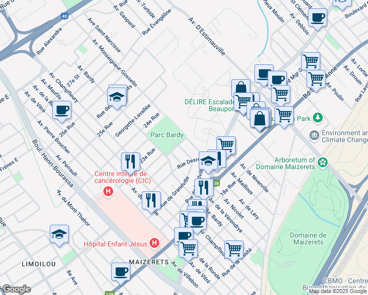 map of restaurants, bars, coffee shops, grocery stores, and more near 2240 Rue Gérin Lajoie in Québec