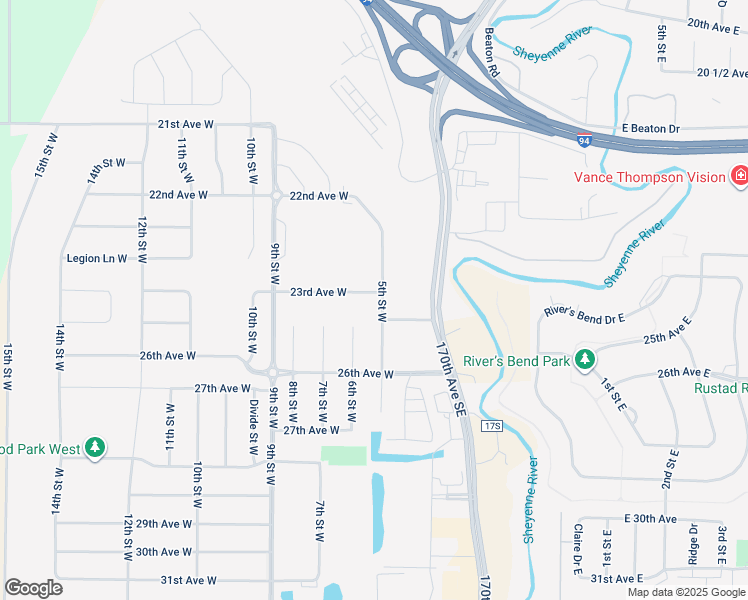 map of restaurants, bars, coffee shops, grocery stores, and more near 21st Avenue West in West Fargo