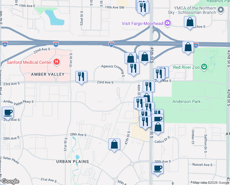 map of restaurants, bars, coffee shops, grocery stores, and more near 4745 Amber Valley Pkwy in Fargo