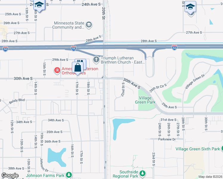map of restaurants, bars, coffee shops, grocery stores, and more near 2800 20th Street in Moorhead