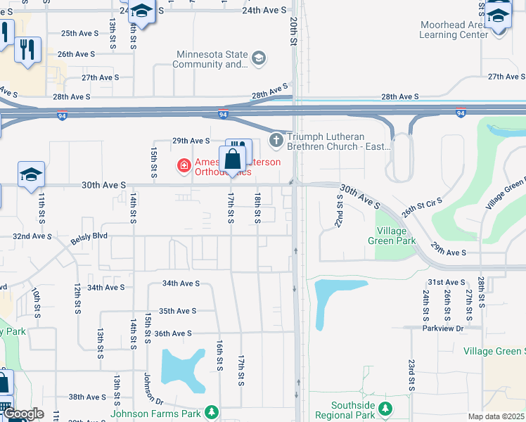 map of restaurants, bars, coffee shops, grocery stores, and more near 3009 18th Street South in Moorhead