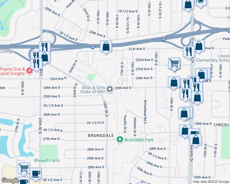 map of restaurants, bars, coffee shops, grocery stores, and more near 299 Oak Manor Trailer Court in Fargo