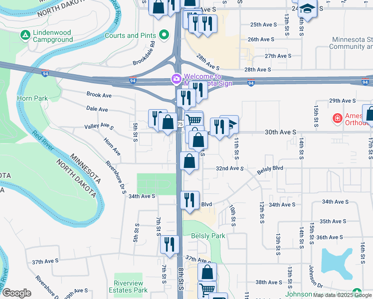 map of restaurants, bars, coffee shops, grocery stores, and more near 3100-3144 8th Street South in Moorhead