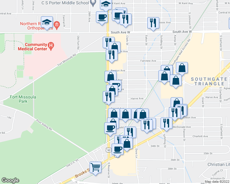map of restaurants, bars, coffee shops, grocery stores, and more near 2455 Agnes Avenue in Missoula