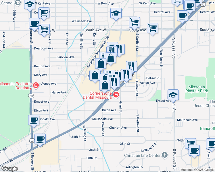 map of restaurants, bars, coffee shops, grocery stores, and more near 2700 Paxson Street in Missoula