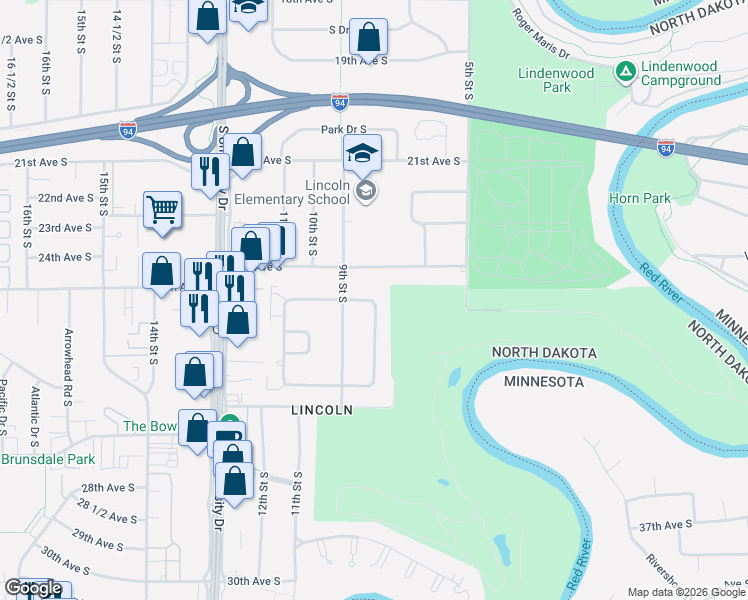map of restaurants, bars, coffee shops, grocery stores, and more near 2413 E Country Club Dr S in Fargo
