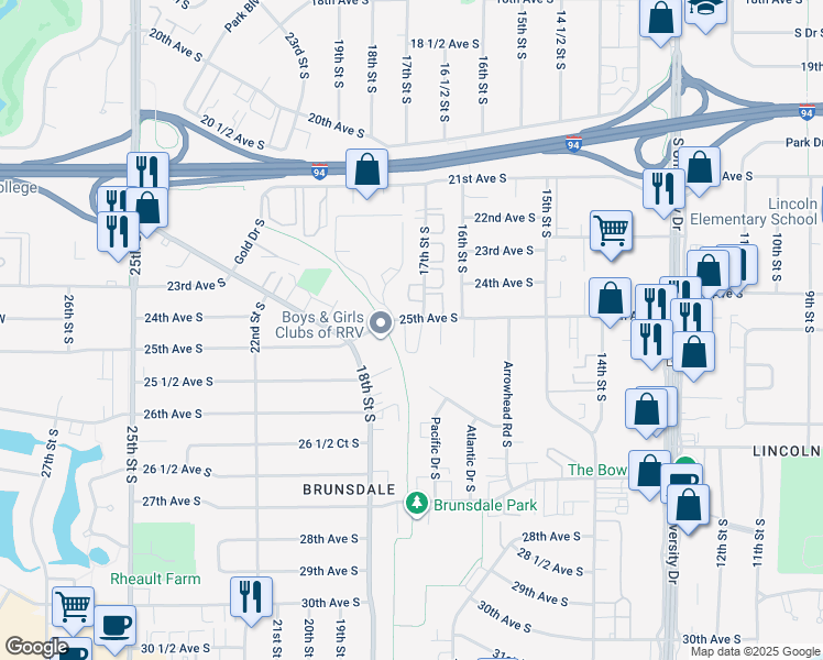 map of restaurants, bars, coffee shops, grocery stores, and more near 1700 25th Avenue South in Fargo