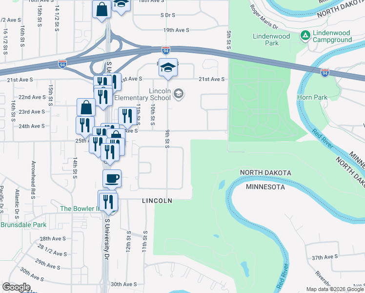 map of restaurants, bars, coffee shops, grocery stores, and more near 2413 E Country Club Dr S in Fargo