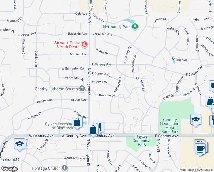 map of restaurants, bars, coffee shops, grocery stores, and more near 206 Estevan Drive in Bismarck