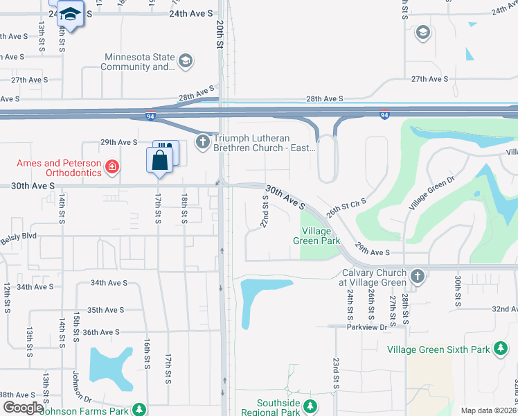 map of restaurants, bars, coffee shops, grocery stores, and more near 3007 22nd Street South in Moorhead
