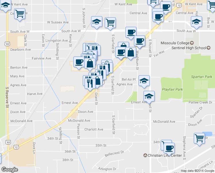 map of restaurants, bars, coffee shops, grocery stores, and more near 1804 Agnes Avenue in Missoula