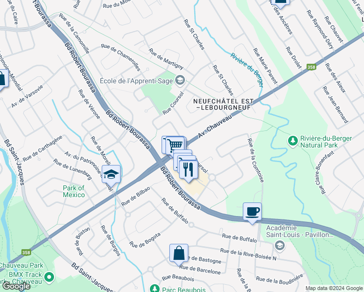 map of restaurants, bars, coffee shops, grocery stores, and more near 2294 Avenue Chauveau in Québec City