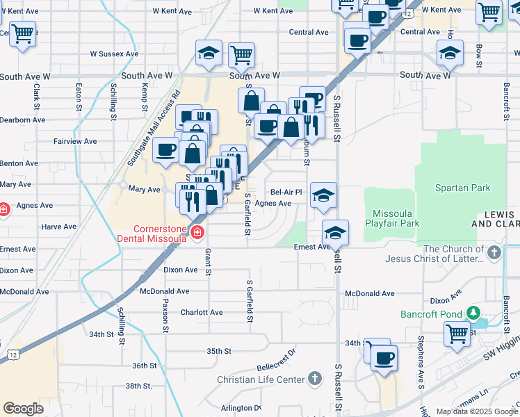 map of restaurants, bars, coffee shops, grocery stores, and more near 1602-1634 Agnes Avenue in Missoula