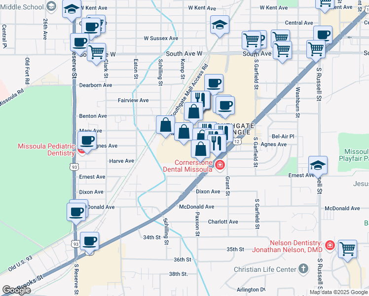 map of restaurants, bars, coffee shops, grocery stores, and more near 3017 Paxson Street in Missoula