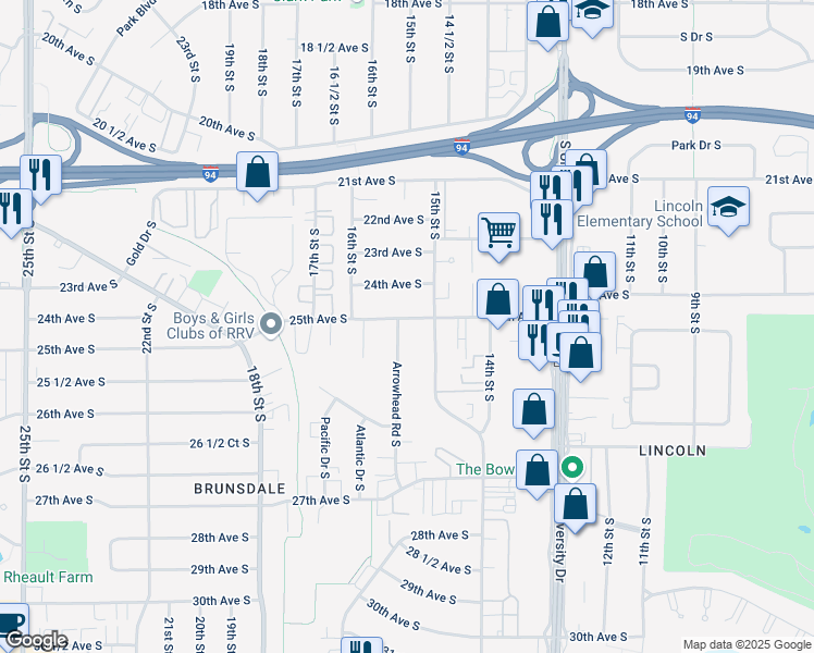 map of restaurants, bars, coffee shops, grocery stores, and more near 1525-1531 25th Avenue South in Fargo