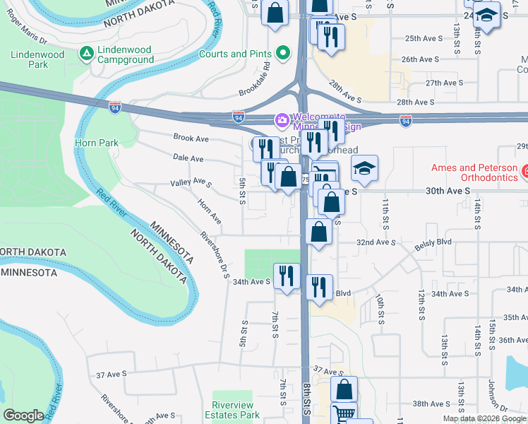 map of restaurants, bars, coffee shops, grocery stores, and more near 515 1/2 30th Avenue South in Moorhead