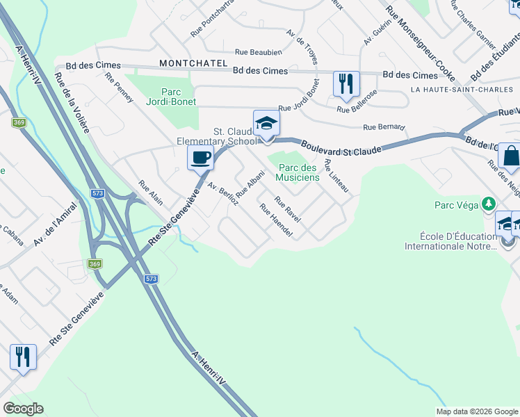 map of restaurants, bars, coffee shops, grocery stores, and more near 4617 Rue Haendel in Québec