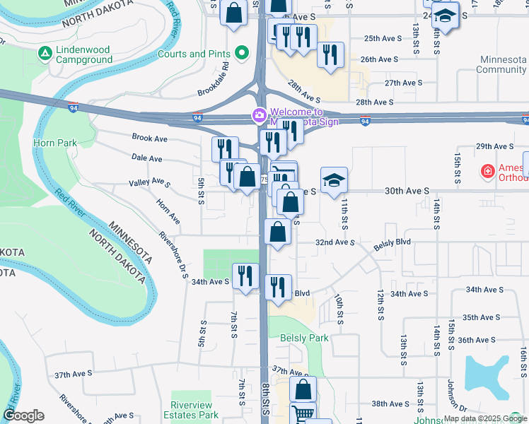map of restaurants, bars, coffee shops, grocery stores, and more near 3144 8th Street South in Moorhead