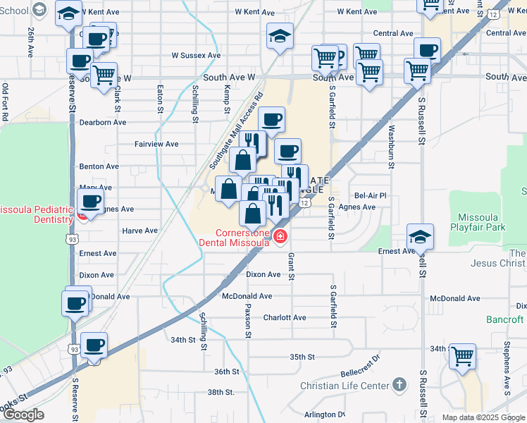 map of restaurants, bars, coffee shops, grocery stores, and more near 2700 Paxson Street in Missoula