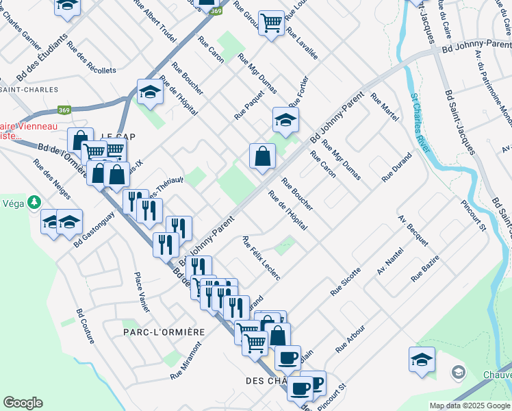 map of restaurants, bars, coffee shops, grocery stores, and more near 89 Boulevard Johnny Parent in Québec