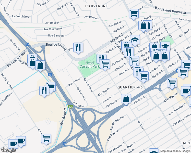 map of restaurants, bars, coffee shops, grocery stores, and more near 470 51e Rue Ouest in Ville de Québec