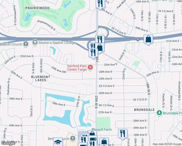 map of restaurants, bars, coffee shops, grocery stores, and more near 2301 25th Street South in Fargo