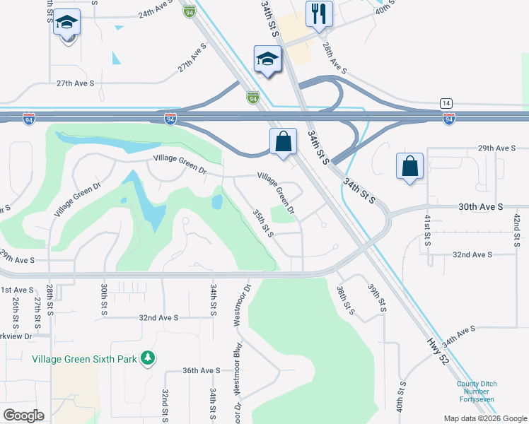 map of restaurants, bars, coffee shops, grocery stores, and more near 2864 35th Street South in Moorhead