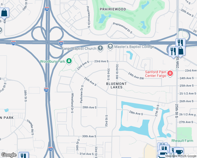 map of restaurants, bars, coffee shops, grocery stores, and more near 3327 26th Avenue Southwest in Fargo