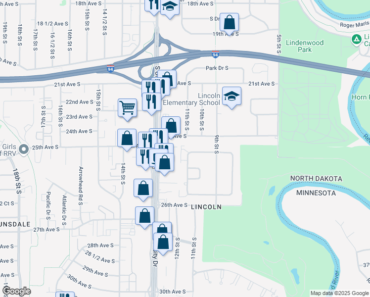 map of restaurants, bars, coffee shops, grocery stores, and more near 2437 West Country Club Drive South in Fargo
