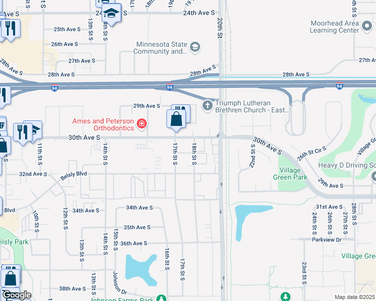 map of restaurants, bars, coffee shops, grocery stores, and more near 3009 18th Street South in Moorhead