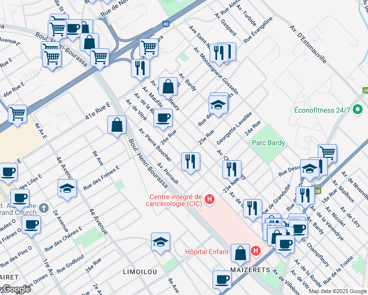 map of restaurants, bars, coffee shops, grocery stores, and more near 2525 Avenue de la Ronde in Ville de Québec