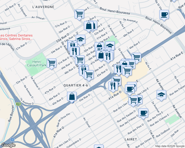 map of restaurants, bars, coffee shops, grocery stores, and more near 232 46e Rue Ouest in Québec