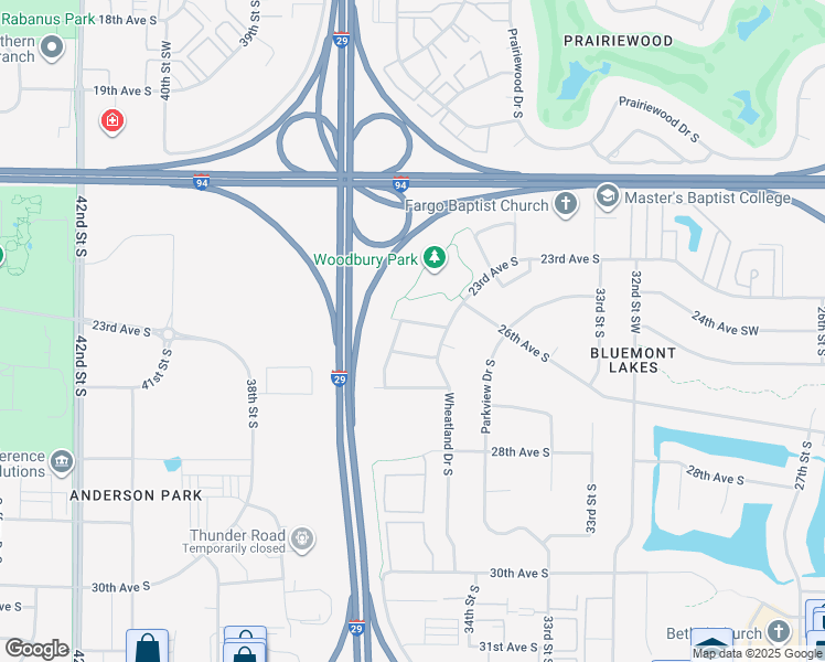 map of restaurants, bars, coffee shops, grocery stores, and more near 3530 Woodbury Park Dr S in Fargo