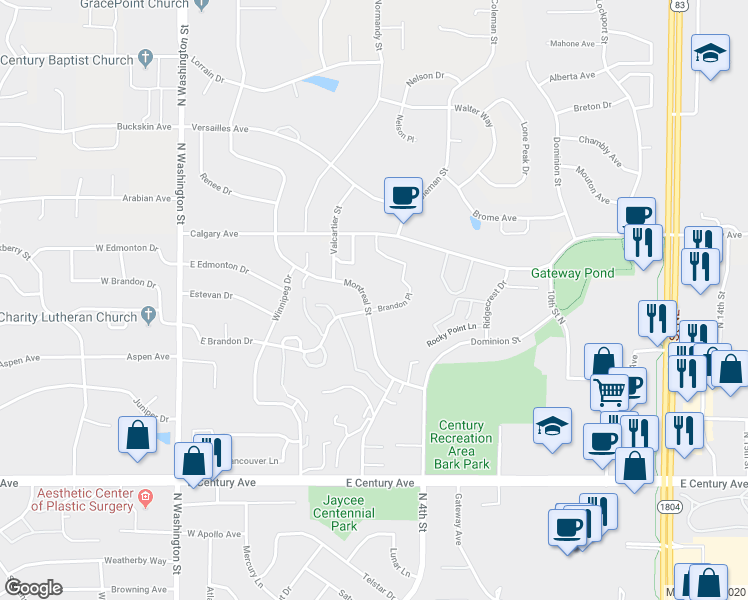 map of restaurants, bars, coffee shops, grocery stores, and more near 550 Brandon Place in Bismarck