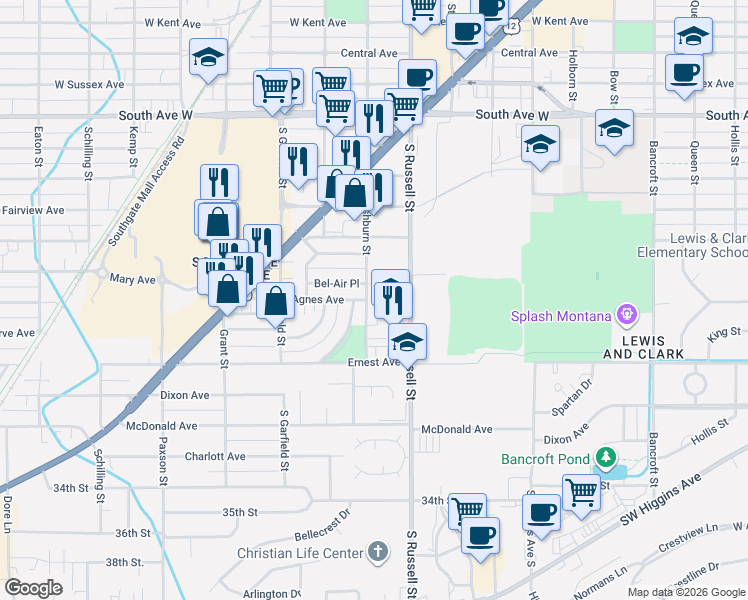 map of restaurants, bars, coffee shops, grocery stores, and more near 2901 South Russell Street in Missoula
