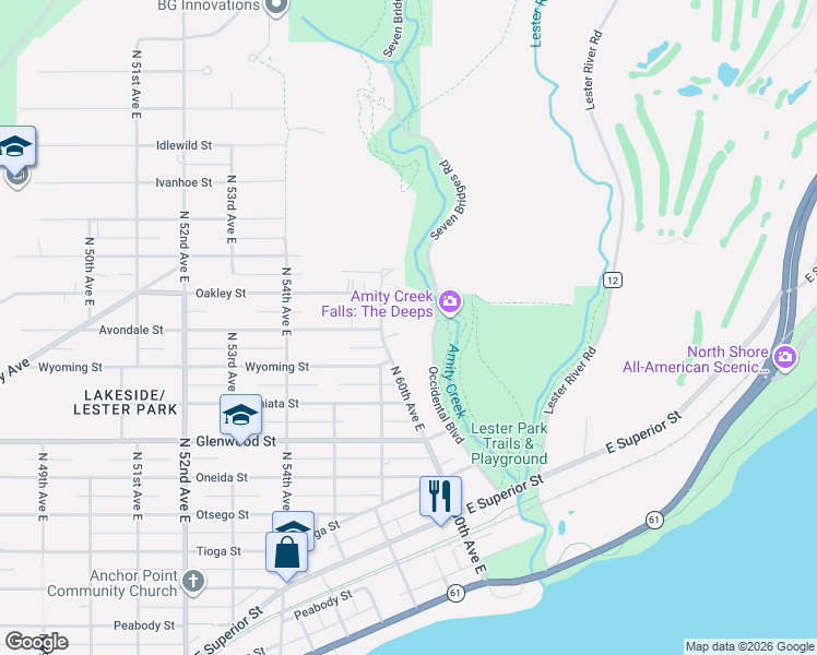map of restaurants, bars, coffee shops, grocery stores, and more near 6010 Avondale Street in Duluth