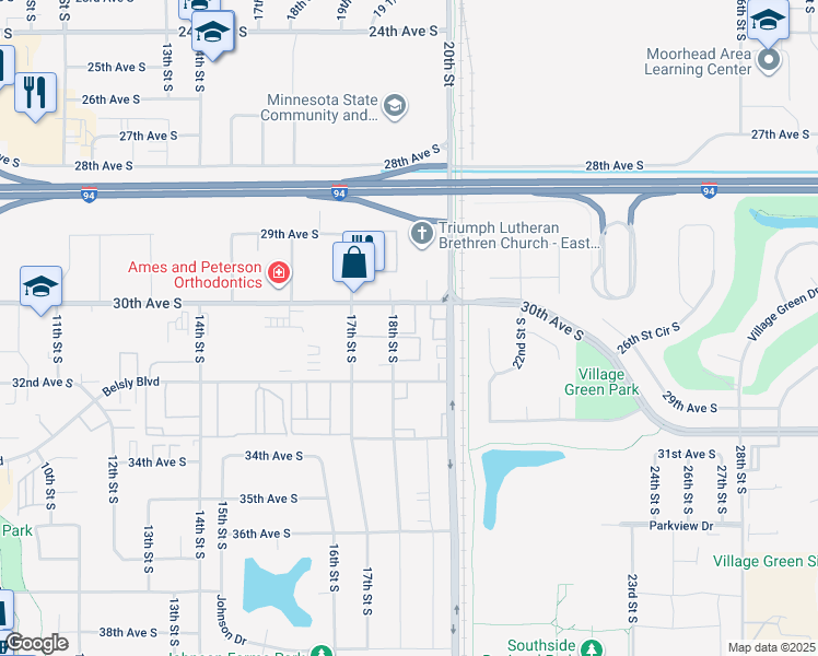 map of restaurants, bars, coffee shops, grocery stores, and more near 3009 18th Street South in Moorhead