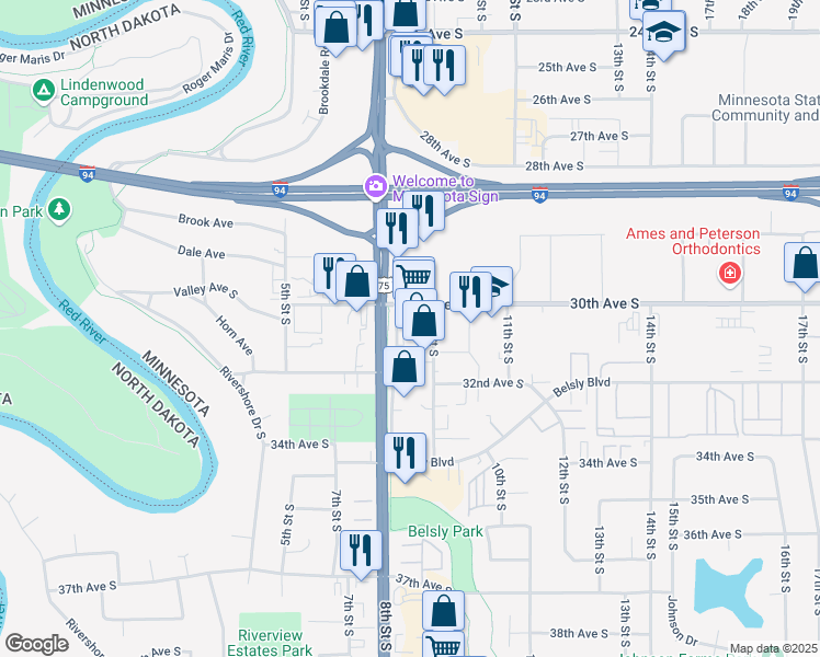 map of restaurants, bars, coffee shops, grocery stores, and more near 819 30th Avenue South in Moorhead