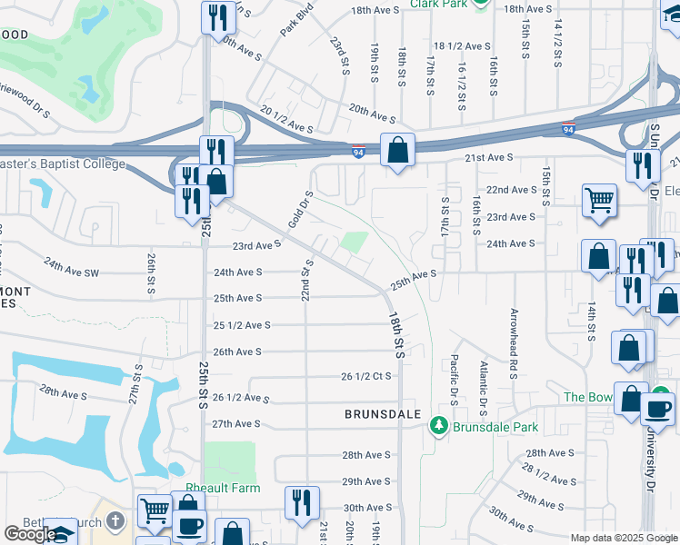 map of restaurants, bars, coffee shops, grocery stores, and more near 2437 18th Street South in Fargo