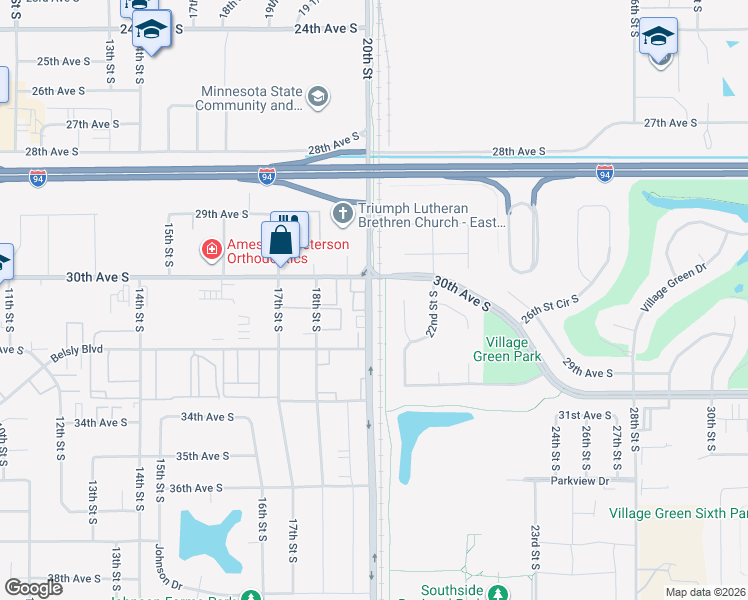 map of restaurants, bars, coffee shops, grocery stores, and more near 2800 20th Street in Moorhead