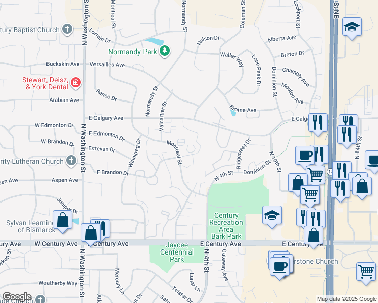 map of restaurants, bars, coffee shops, grocery stores, and more near 550 Brandon Place in Bismarck