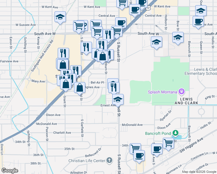 map of restaurants, bars, coffee shops, grocery stores, and more near 2901 South Russell Street in Missoula