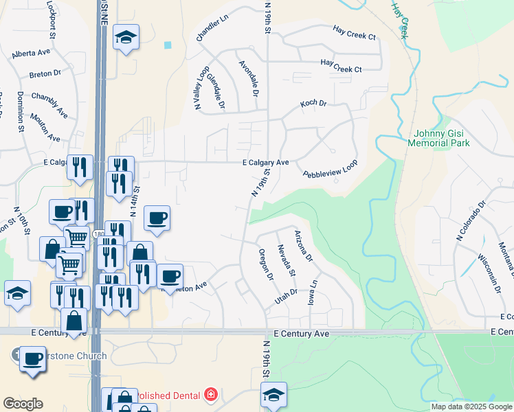 map of restaurants, bars, coffee shops, grocery stores, and more near 3515 North 19th Street in Bismarck