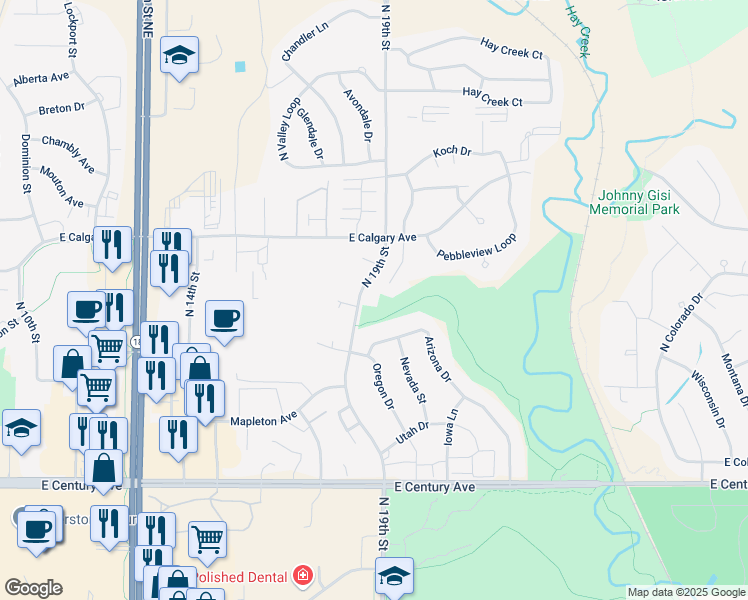 map of restaurants, bars, coffee shops, grocery stores, and more near 3515 North 19th Street in Bismarck